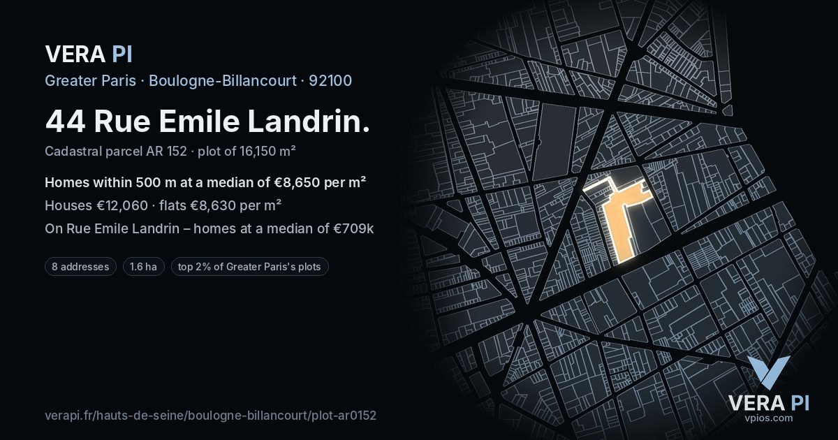 44 Rue Emile Landrin, Boulogne-Billancourt at night – the plot lit, the parcels around coloured by the prices near them
