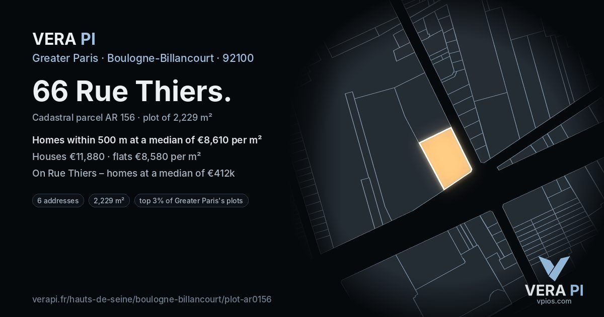 66 Rue Thiers, Boulogne-Billancourt at night – the plot lit, the parcels around coloured by the prices near them