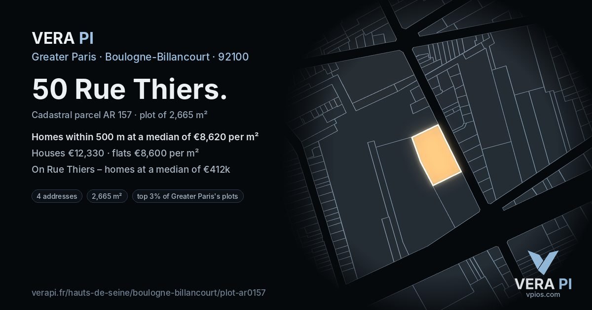 50 Rue Thiers, Boulogne-Billancourt at night – the plot lit, the parcels around coloured by the prices near them