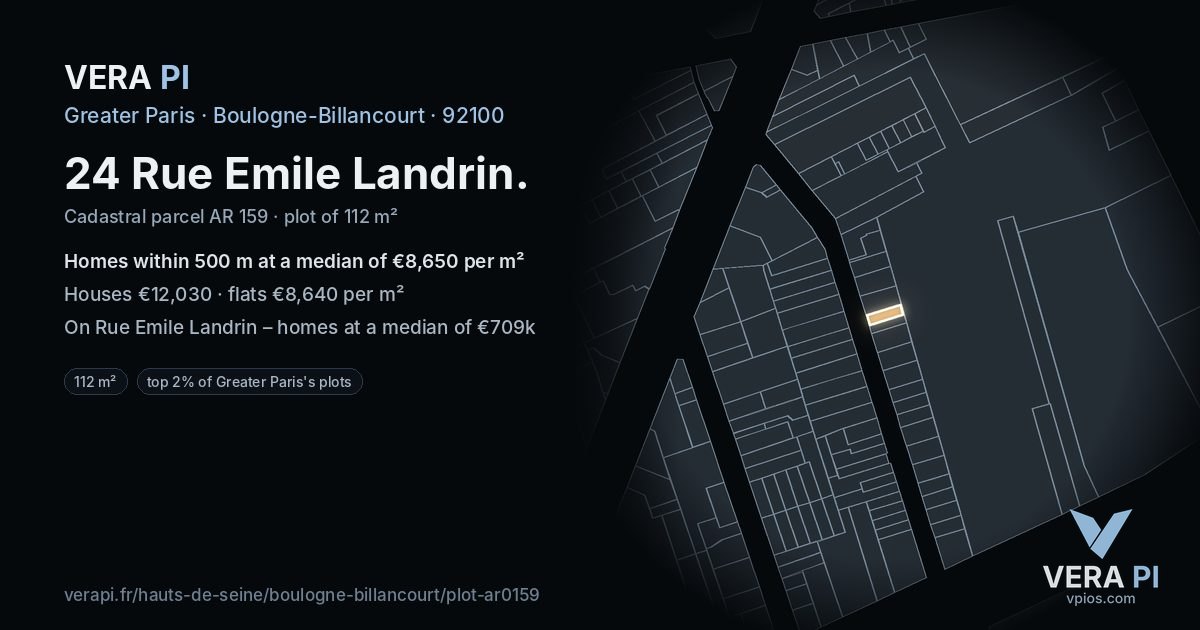 24 Rue Emile Landrin, Boulogne-Billancourt at night – the plot lit, the parcels around coloured by the prices near them