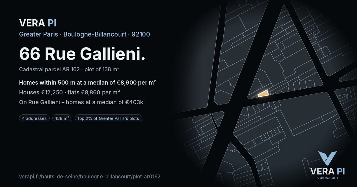 66 Rue Gallieni, Boulogne-Billancourt at night – the plot lit, the parcels around coloured by the prices near them