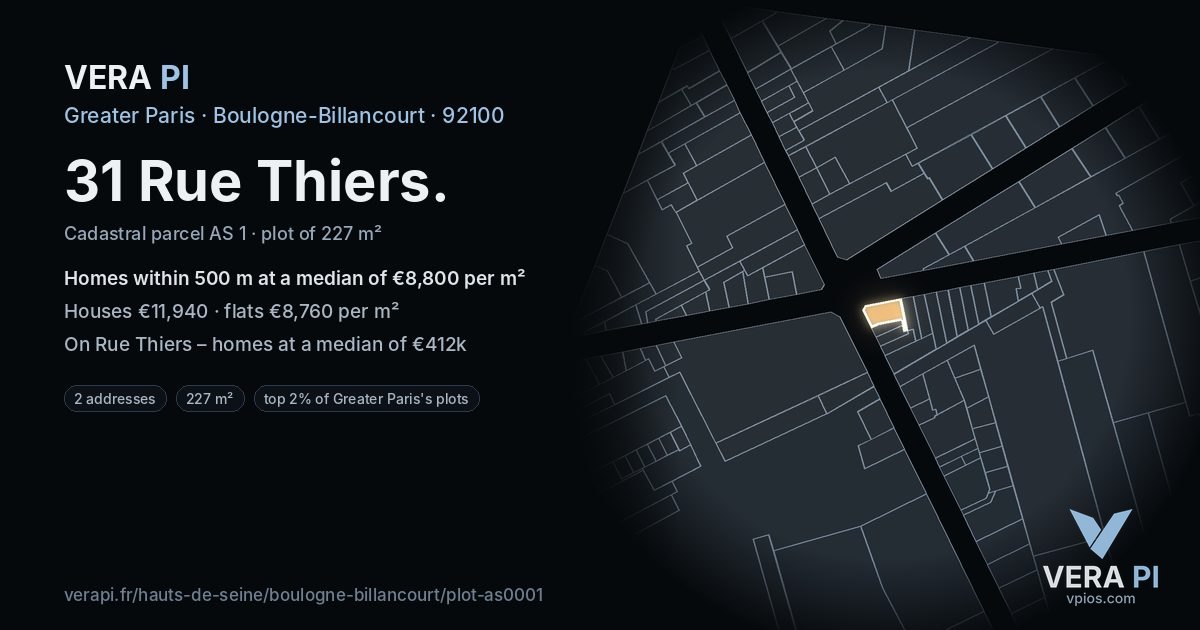 31 Rue Thiers, Boulogne-Billancourt at night – the plot lit, the parcels around coloured by the prices near them