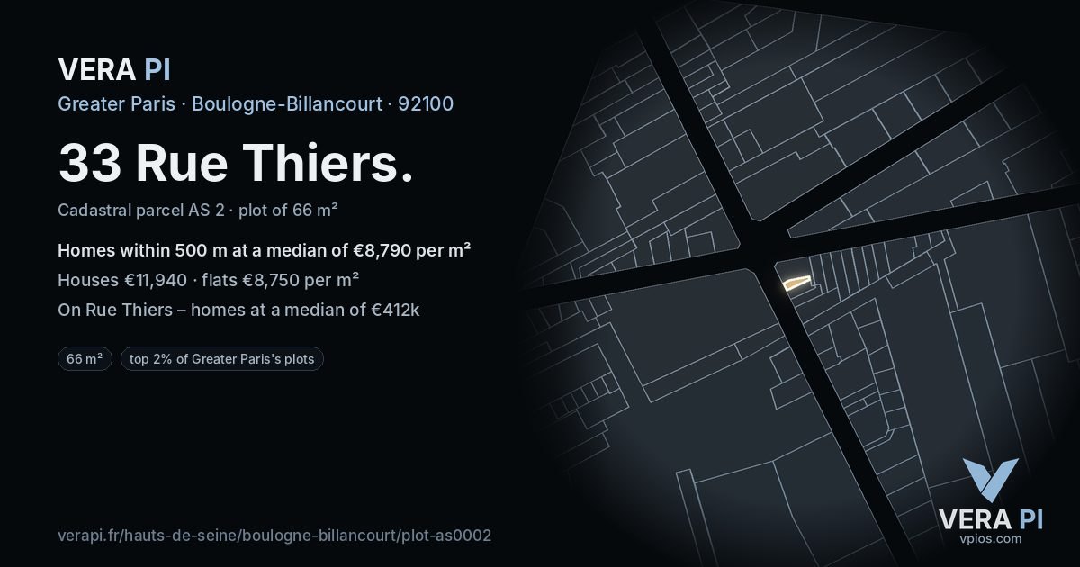 33 Rue Thiers, Boulogne-Billancourt at night – the plot lit, the parcels around coloured by the prices near them