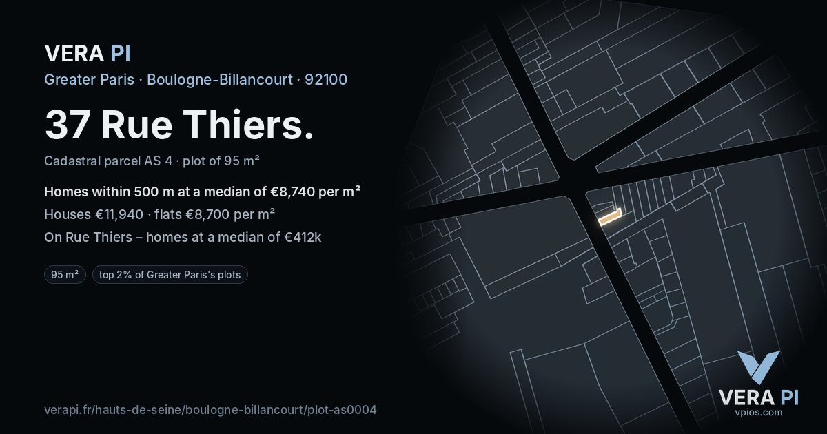 37 Rue Thiers, Boulogne-Billancourt at night – the plot lit, the parcels around coloured by the prices near them