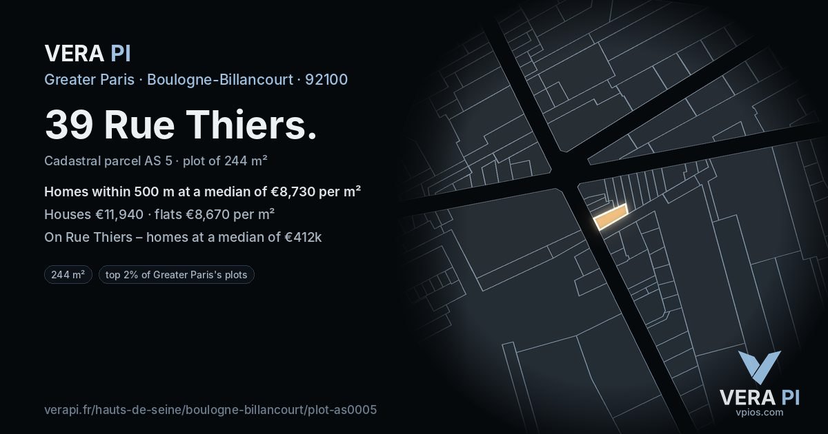 39 Rue Thiers, Boulogne-Billancourt at night – the plot lit, the parcels around coloured by the prices near them