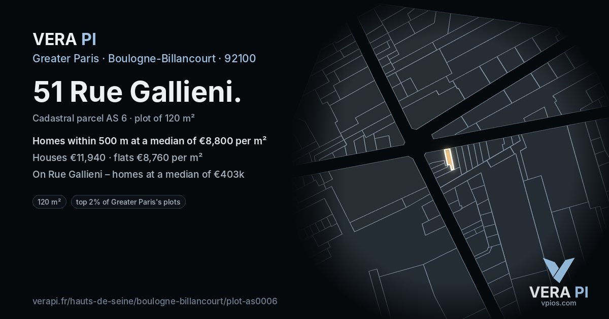 51 Rue Gallieni, Boulogne-Billancourt at night – the plot lit, the parcels around coloured by the prices near them