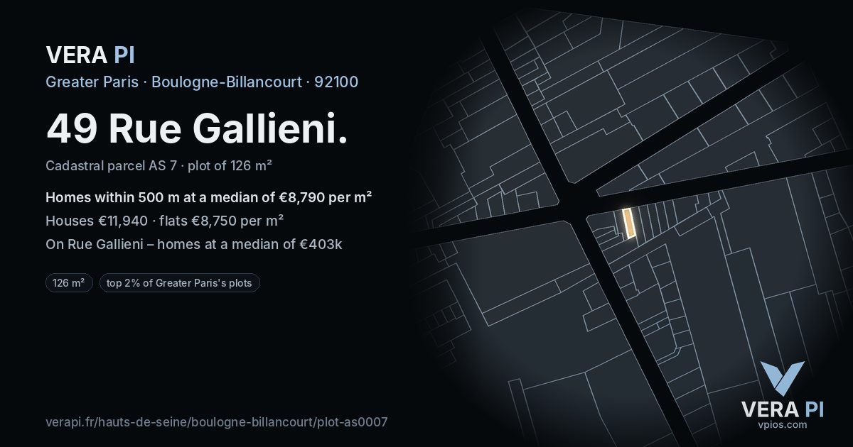 49 Rue Gallieni, Boulogne-Billancourt at night – the plot lit, the parcels around coloured by the prices near them