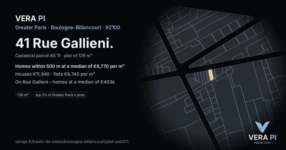 41 Rue Gallieni, Boulogne-Billancourt at night – the plot lit, the parcels around coloured by the prices near them