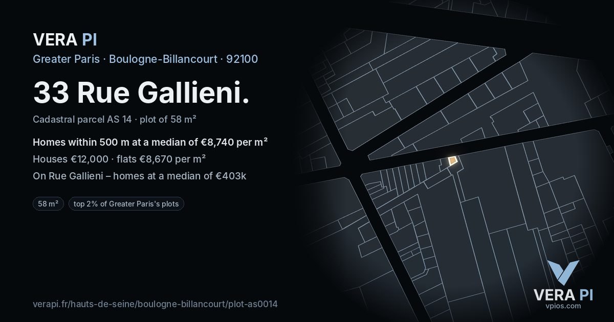 33 Rue Gallieni, Boulogne-Billancourt at night – the plot lit, the parcels around coloured by the prices near them