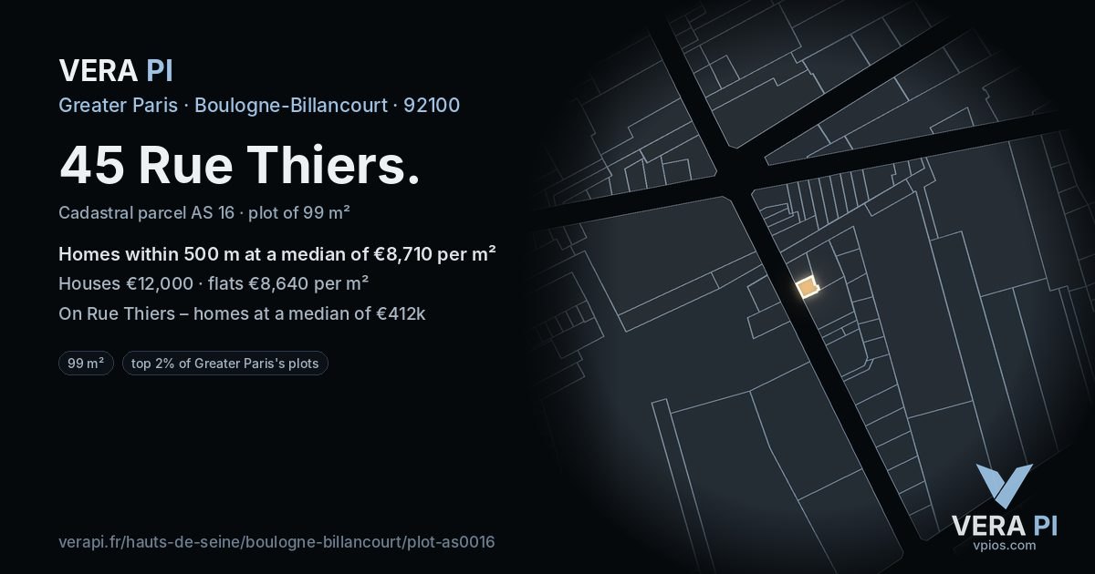 45 Rue Thiers, Boulogne-Billancourt at night – the plot lit, the parcels around coloured by the prices near them