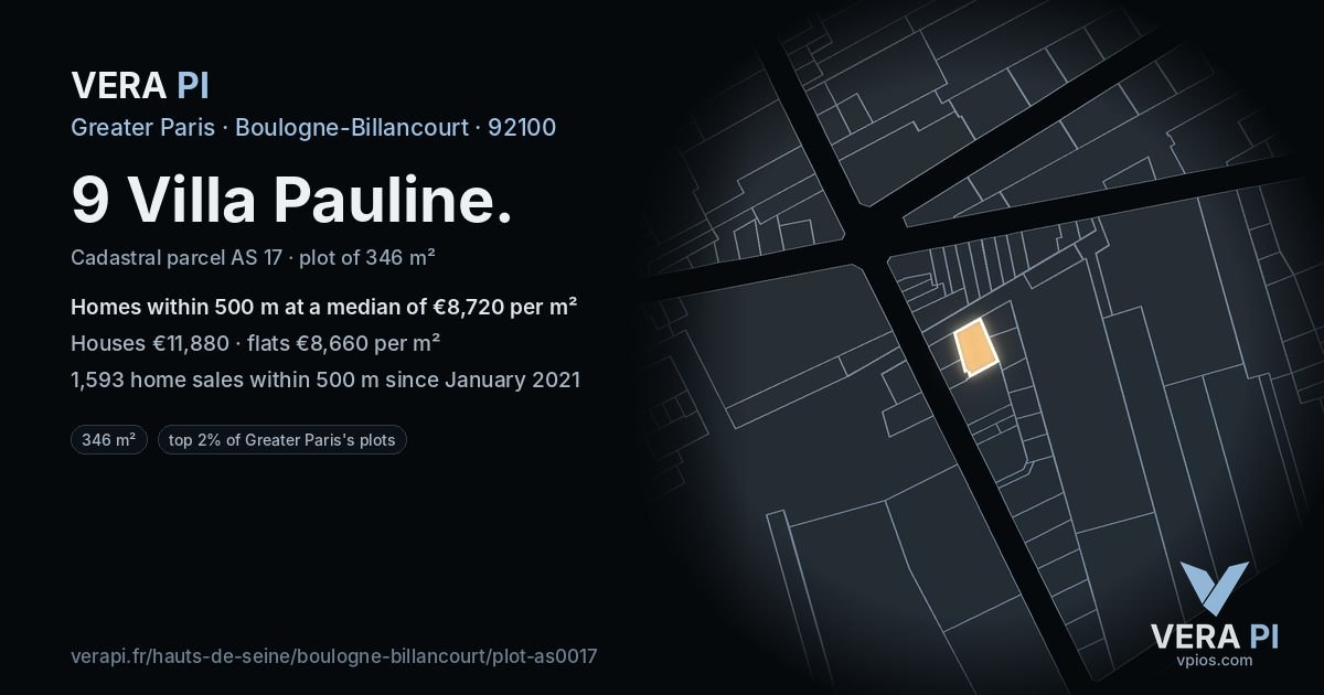 9 Villa Pauline, Boulogne-Billancourt at night – the plot lit, the parcels around coloured by the prices near them