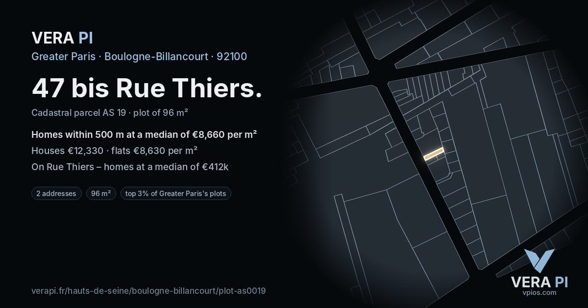 47 bis Rue Thiers, Boulogne-Billancourt at night – the plot lit, the parcels around coloured by the prices near them
