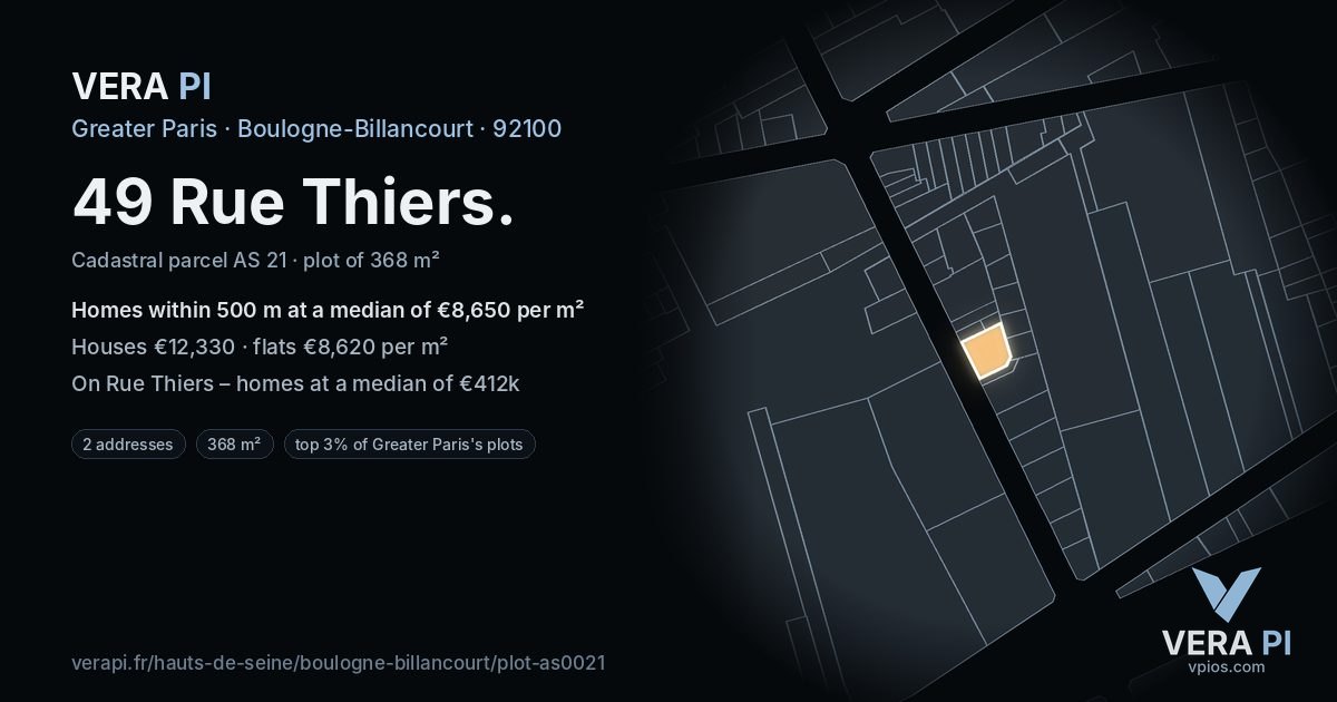 49 Rue Thiers, Boulogne-Billancourt at night – the plot lit, the parcels around coloured by the prices near them
