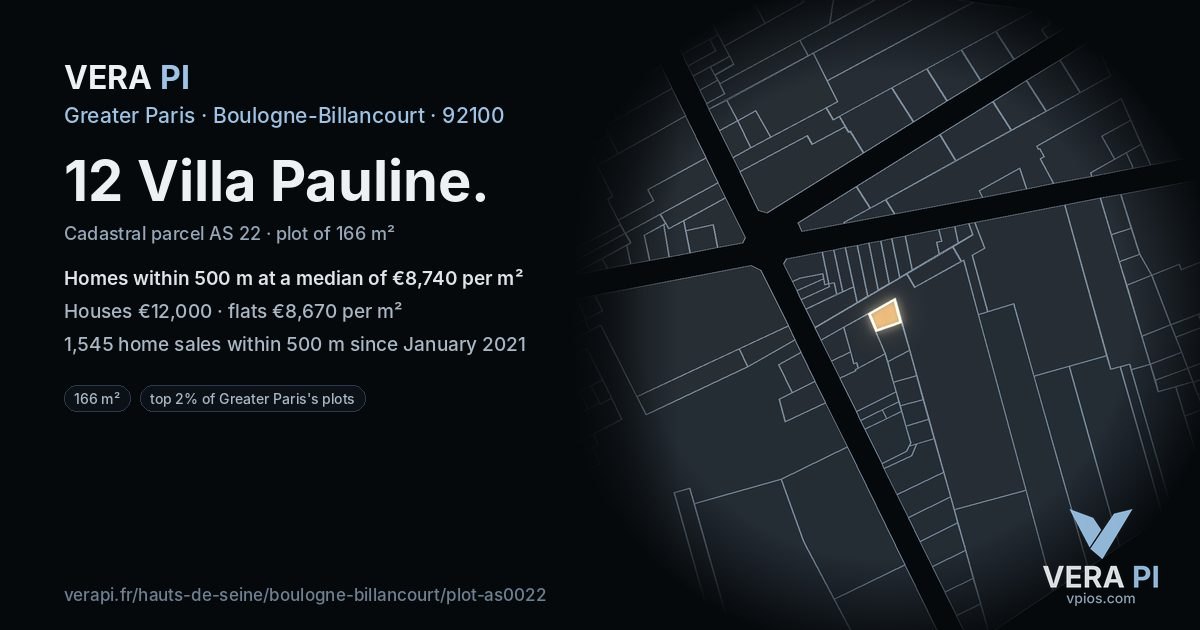 12 Villa Pauline, Boulogne-Billancourt at night – the plot lit, the parcels around coloured by the prices near them