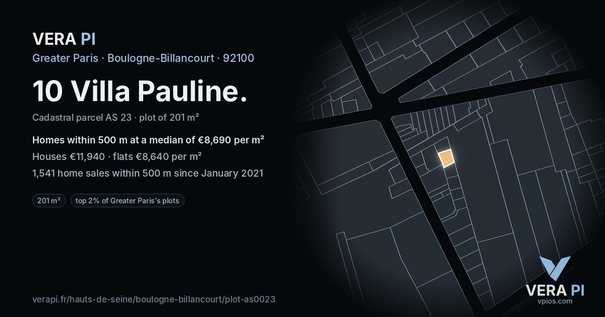 10 Villa Pauline, Boulogne-Billancourt at night – the plot lit, the parcels around coloured by the prices near them