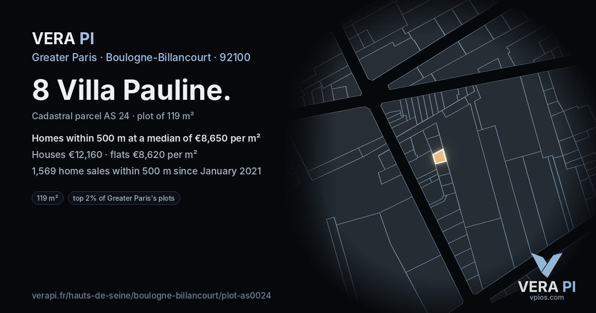 8 Villa Pauline, Boulogne-Billancourt at night – the plot lit, the parcels around coloured by the prices near them