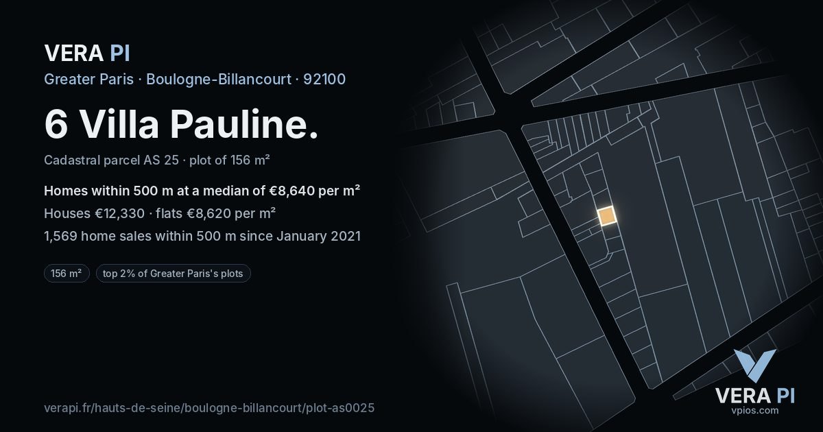 6 Villa Pauline, Boulogne-Billancourt at night – the plot lit, the parcels around coloured by the prices near them