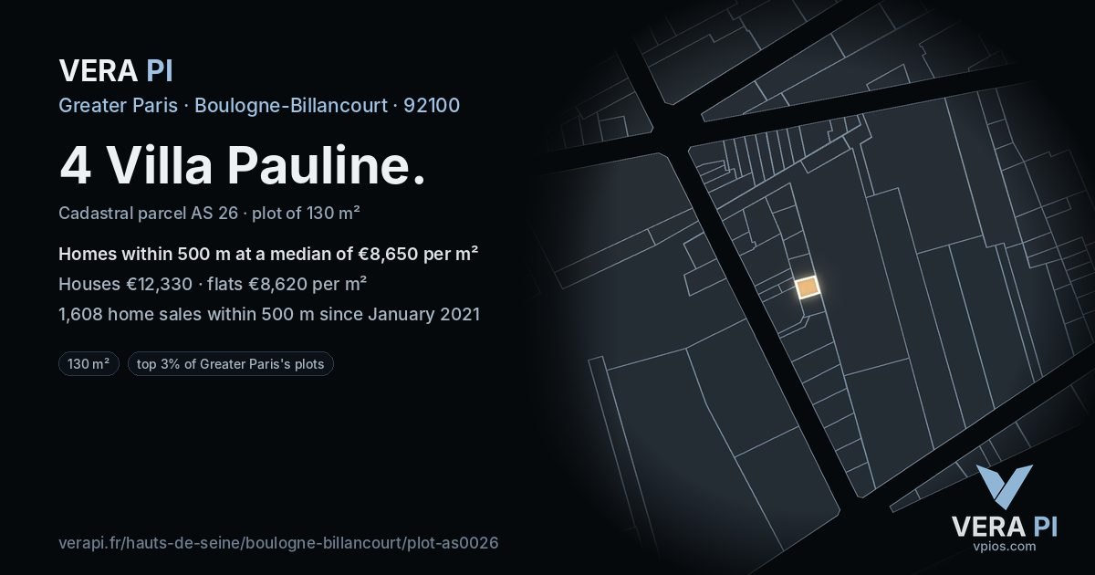 4 Villa Pauline, Boulogne-Billancourt at night – the plot lit, the parcels around coloured by the prices near them