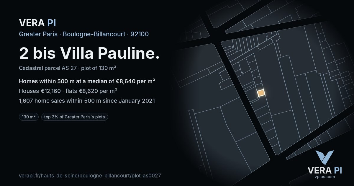 2 bis Villa Pauline, Boulogne-Billancourt at night – the plot lit, the parcels around coloured by the prices near them