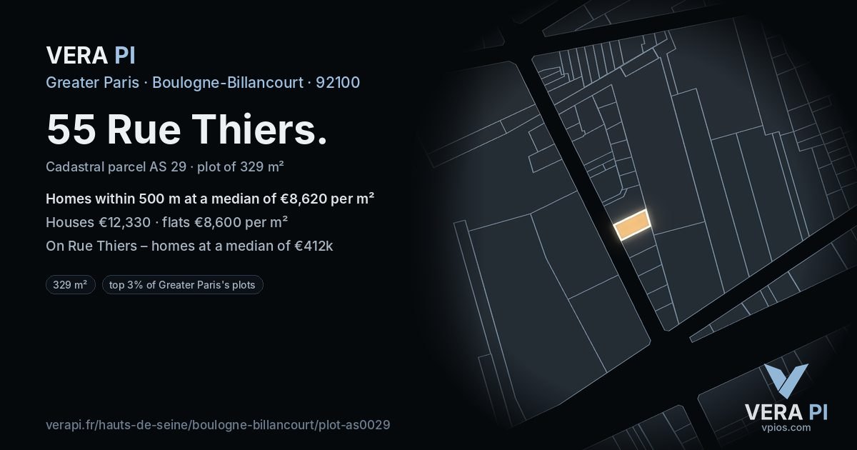 55 Rue Thiers, Boulogne-Billancourt at night – the plot lit, the parcels around coloured by the prices near them
