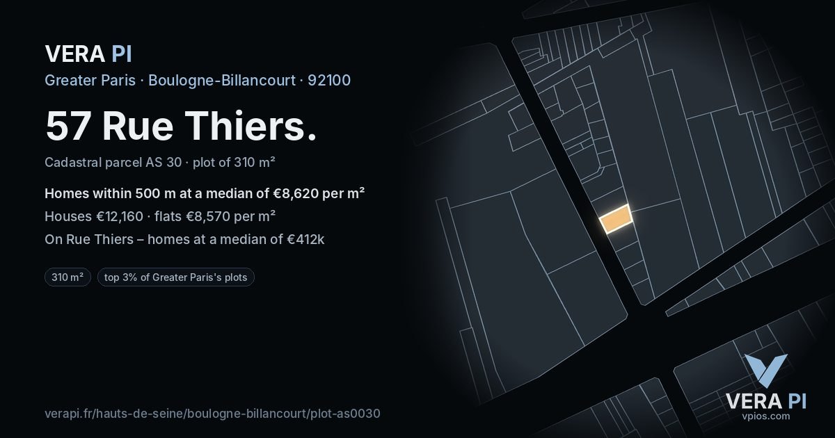 57 Rue Thiers, Boulogne-Billancourt at night – the plot lit, the parcels around coloured by the prices near them