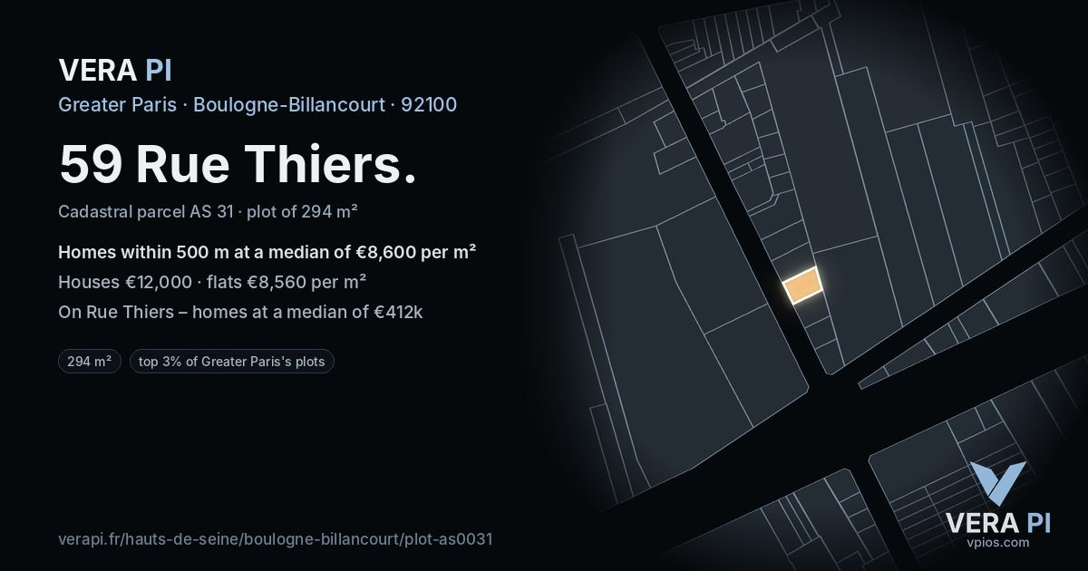 59 Rue Thiers, Boulogne-Billancourt at night – the plot lit, the parcels around coloured by the prices near them