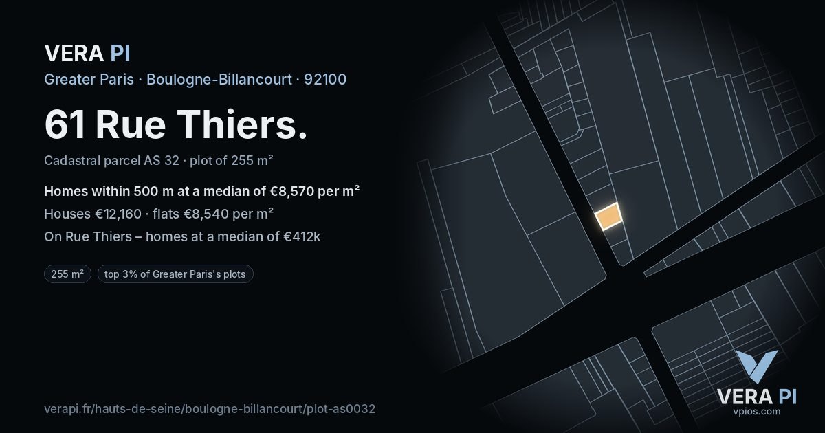 61 Rue Thiers, Boulogne-Billancourt at night – the plot lit, the parcels around coloured by the prices near them