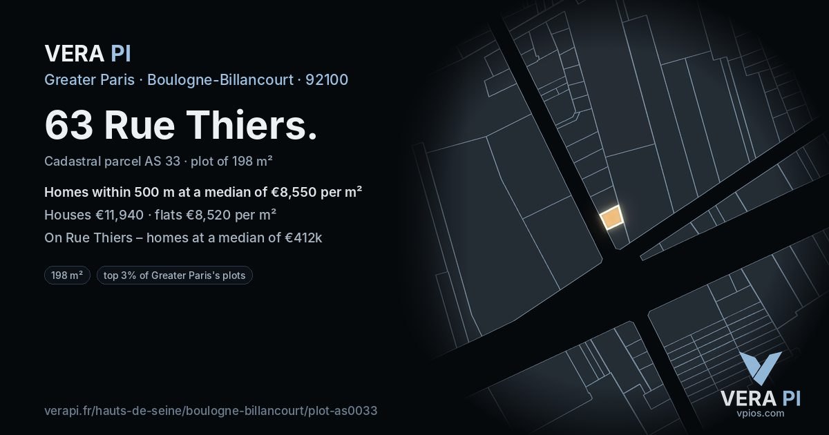 63 Rue Thiers, Boulogne-Billancourt at night – the plot lit, the parcels around coloured by the prices near them