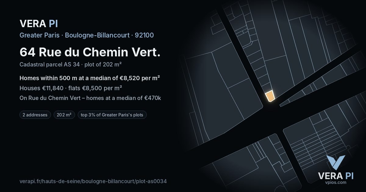 64 Rue du Chemin Vert, Boulogne-Billancourt at night – the plot lit, the parcels around coloured by the prices near them