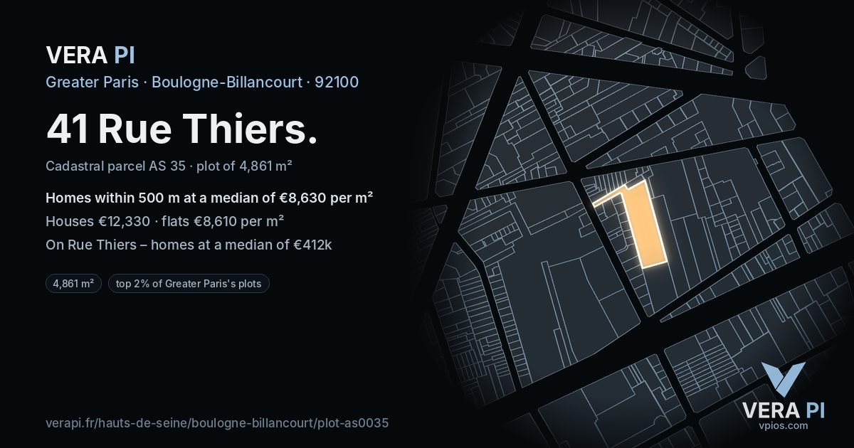 41 Rue Thiers, Boulogne-Billancourt at night – the plot lit, the parcels around coloured by the prices near them