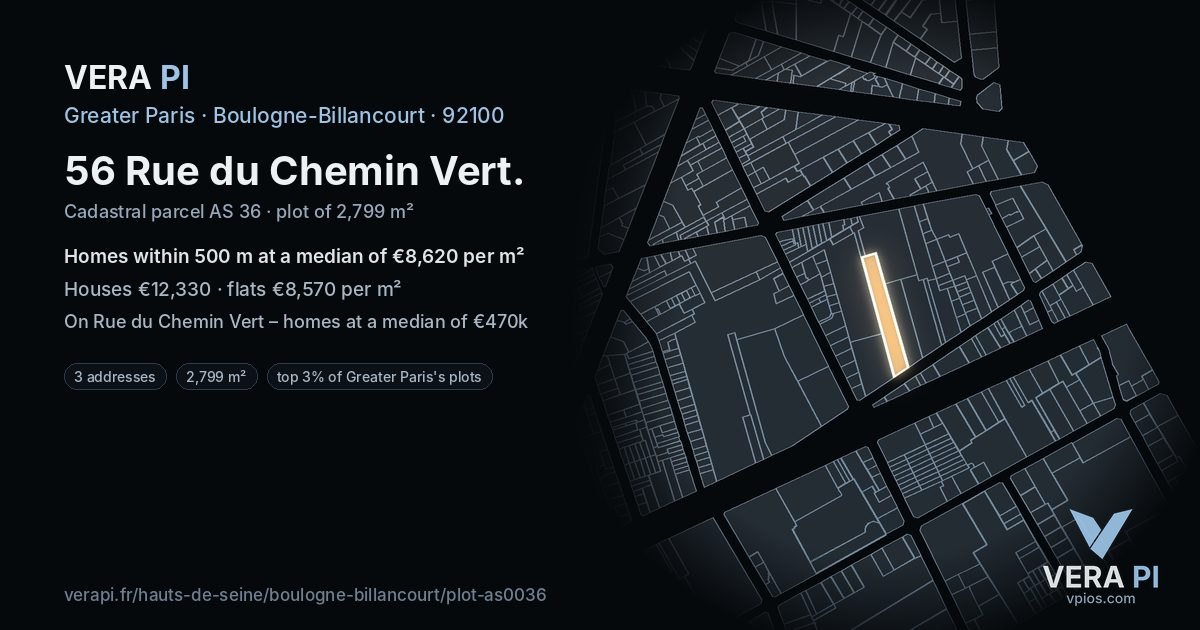 56 Rue du Chemin Vert, Boulogne-Billancourt at night – the plot lit, the parcels around coloured by the prices near them