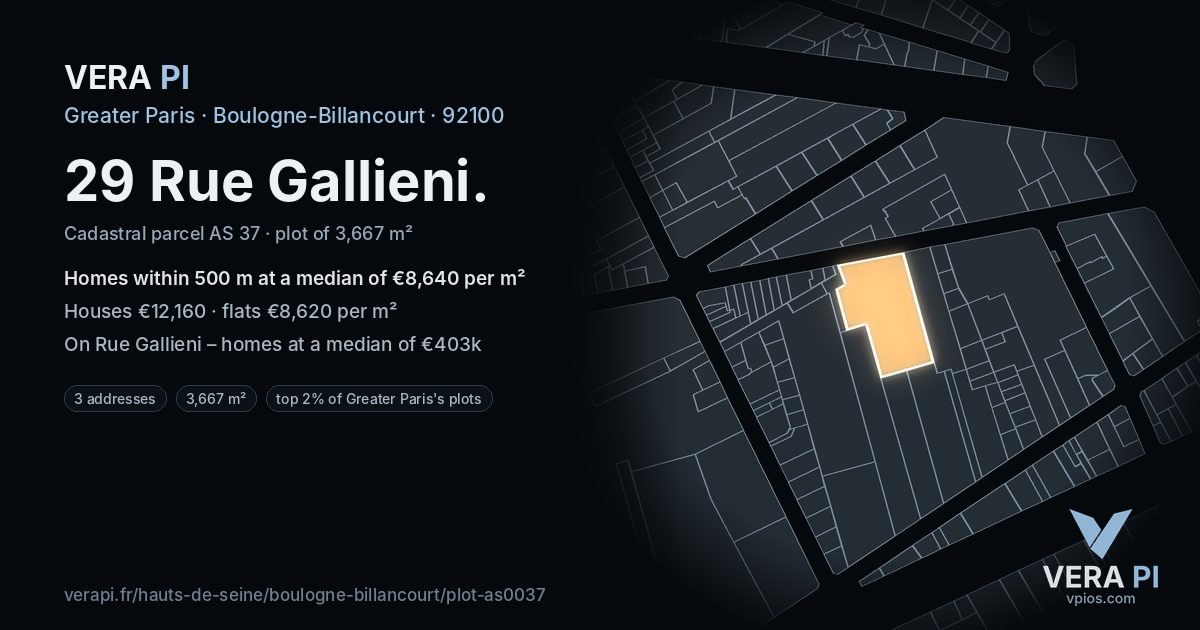 29 Rue Gallieni, Boulogne-Billancourt at night – the plot lit, the parcels around coloured by the prices near them