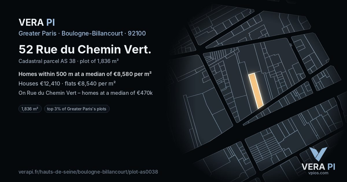 52 Rue du Chemin Vert, Boulogne-Billancourt at night – the plot lit, the parcels around coloured by the prices near them
