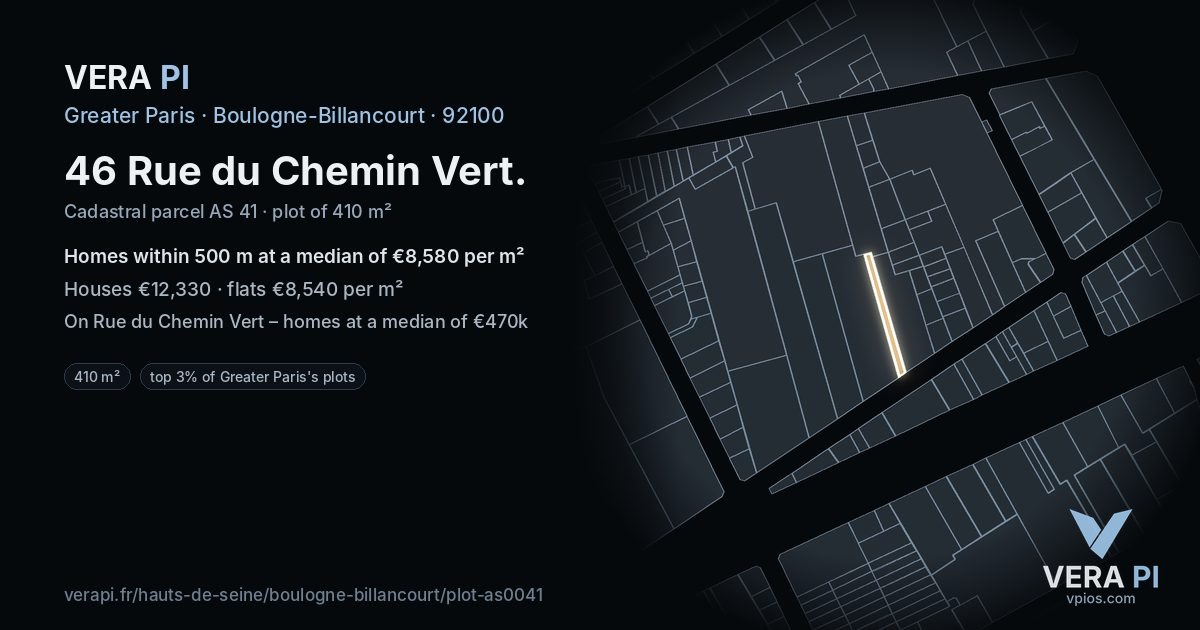 46 Rue du Chemin Vert, Boulogne-Billancourt at night – the plot lit, the parcels around coloured by the prices near them