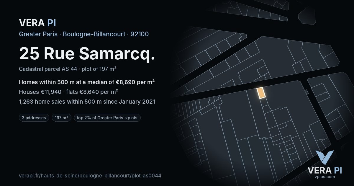 25 Rue Samarcq, Boulogne-Billancourt at night – the plot lit, the parcels around coloured by the prices near them