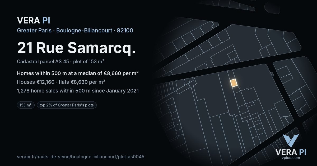 21 Rue Samarcq, Boulogne-Billancourt at night – the plot lit, the parcels around coloured by the prices near them