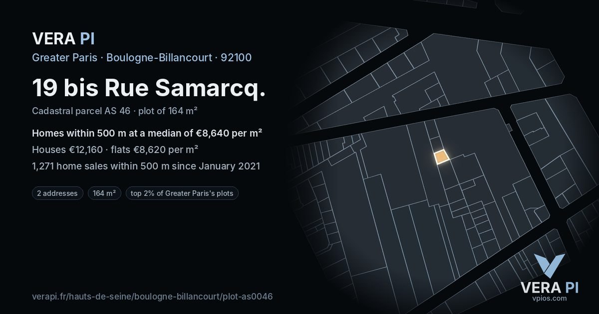 19 bis Rue Samarcq, Boulogne-Billancourt at night – the plot lit, the parcels around coloured by the prices near them
