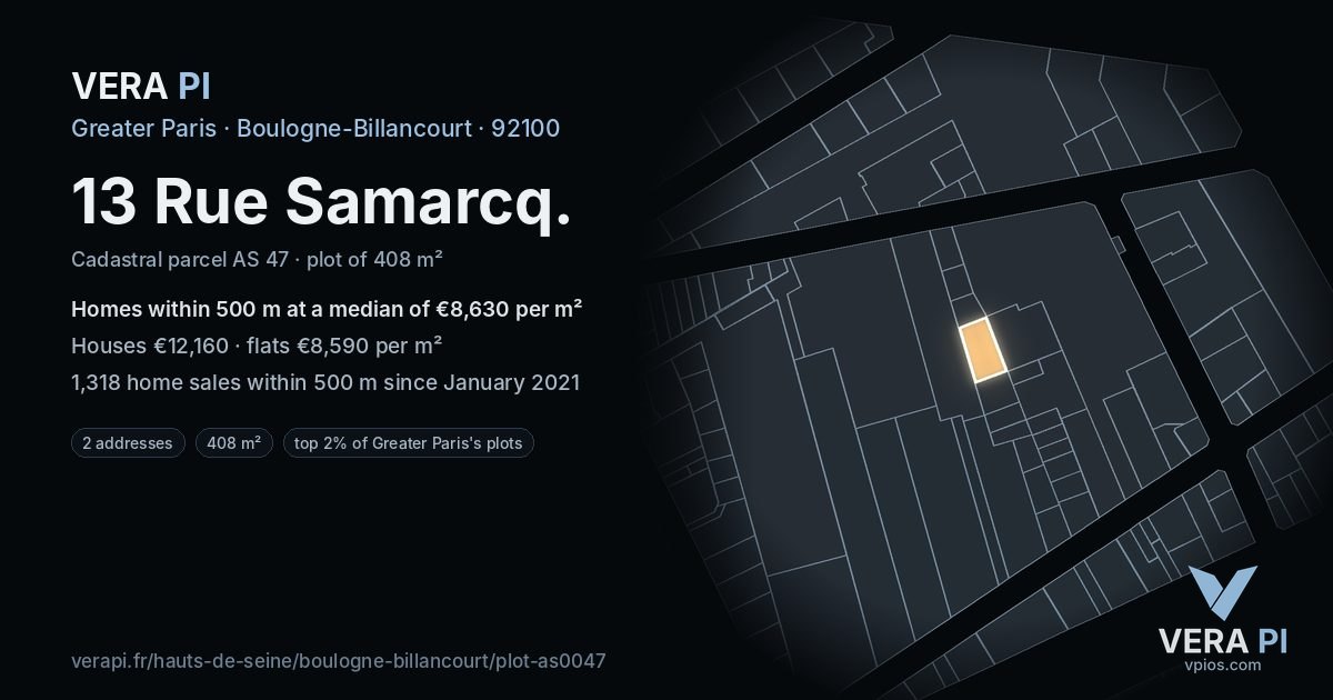 13 Rue Samarcq, Boulogne-Billancourt at night – the plot lit, the parcels around coloured by the prices near them