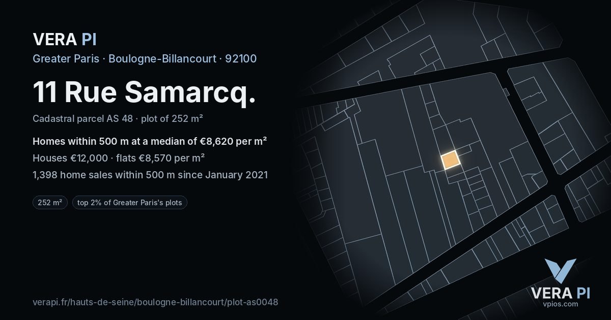 11 Rue Samarcq, Boulogne-Billancourt at night – the plot lit, the parcels around coloured by the prices near them