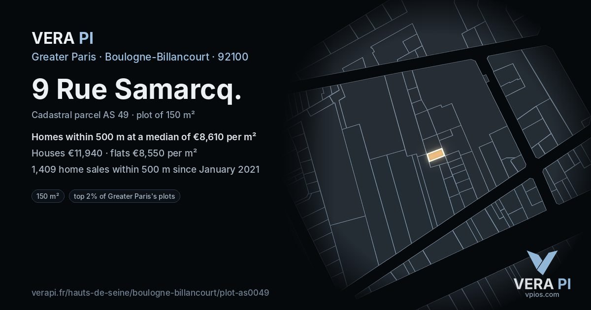 9 Rue Samarcq, Boulogne-Billancourt at night – the plot lit, the parcels around coloured by the prices near them