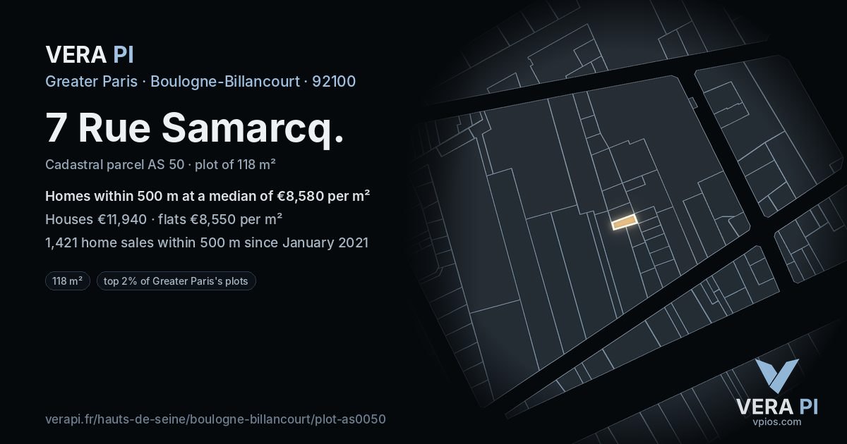 7 Rue Samarcq, Boulogne-Billancourt at night – the plot lit, the parcels around coloured by the prices near them