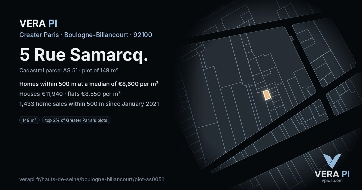 5 Rue Samarcq, Boulogne-Billancourt at night – the plot lit, the parcels around coloured by the prices near them
