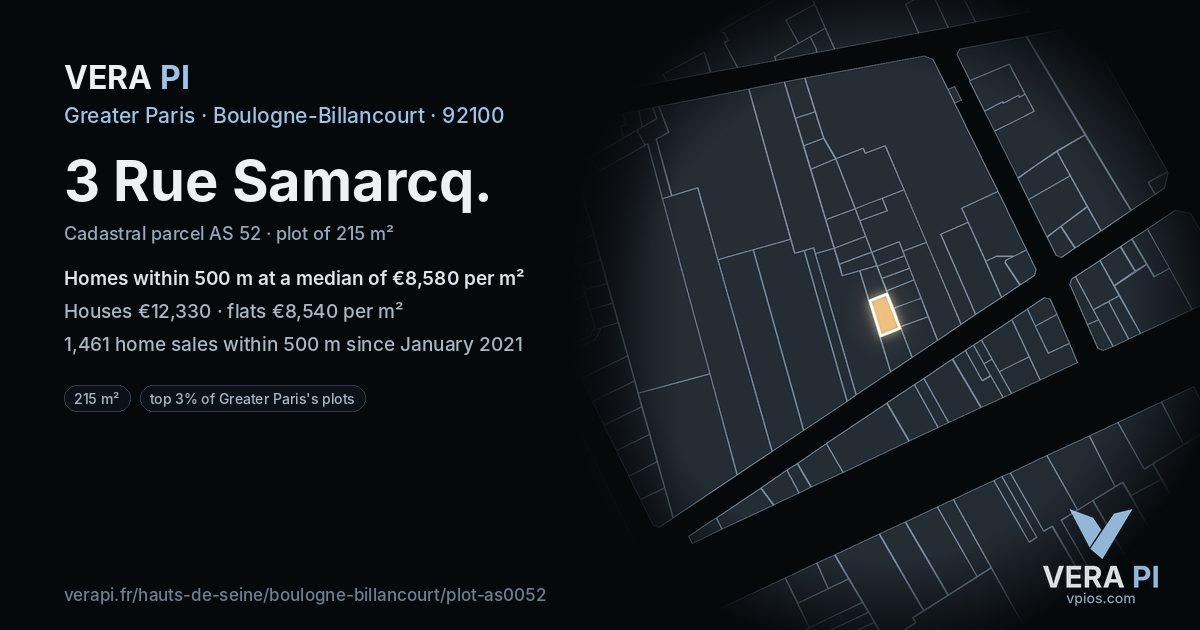 3 Rue Samarcq, Boulogne-Billancourt at night – the plot lit, the parcels around coloured by the prices near them