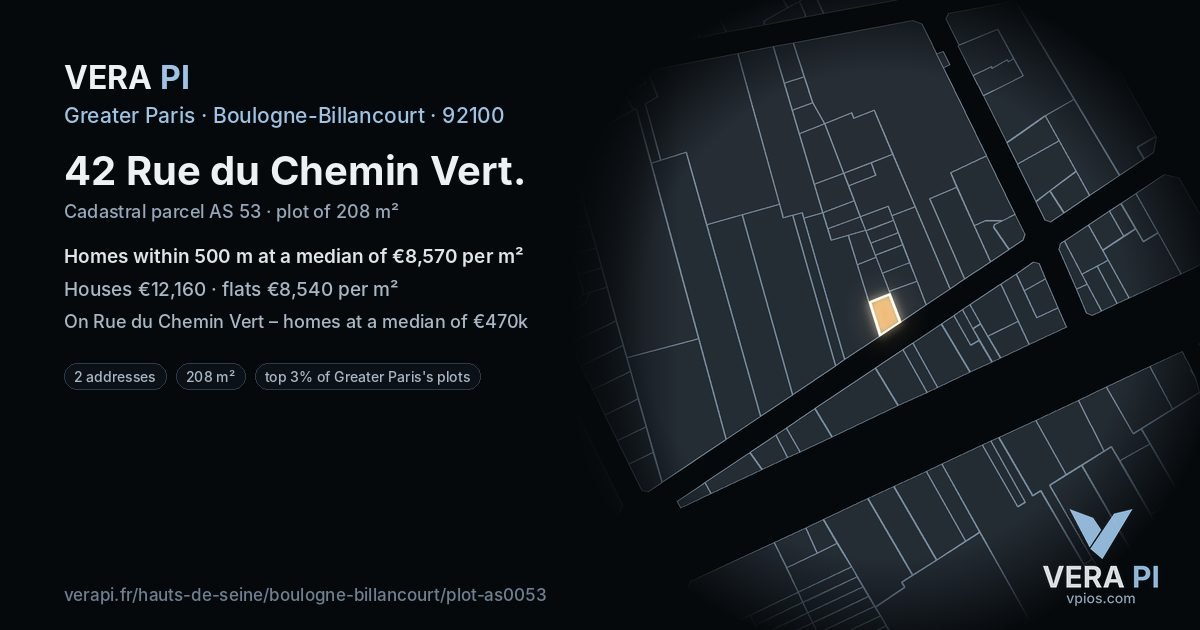 42 Rue du Chemin Vert, Boulogne-Billancourt at night – the plot lit, the parcels around coloured by the prices near them