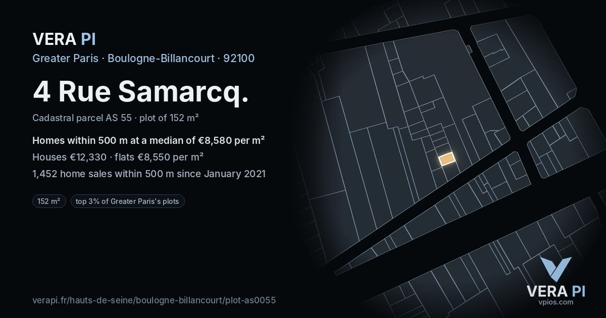 4 Rue Samarcq, Boulogne-Billancourt at night – the plot lit, the parcels around coloured by the prices near them