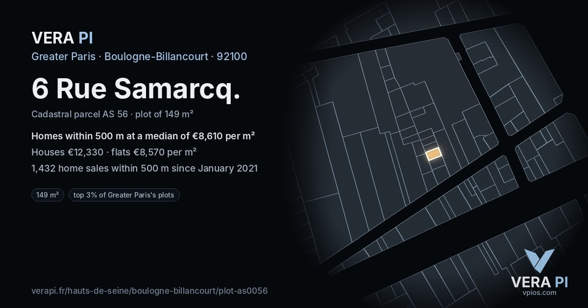 6 Rue Samarcq, Boulogne-Billancourt at night – the plot lit, the parcels around coloured by the prices near them