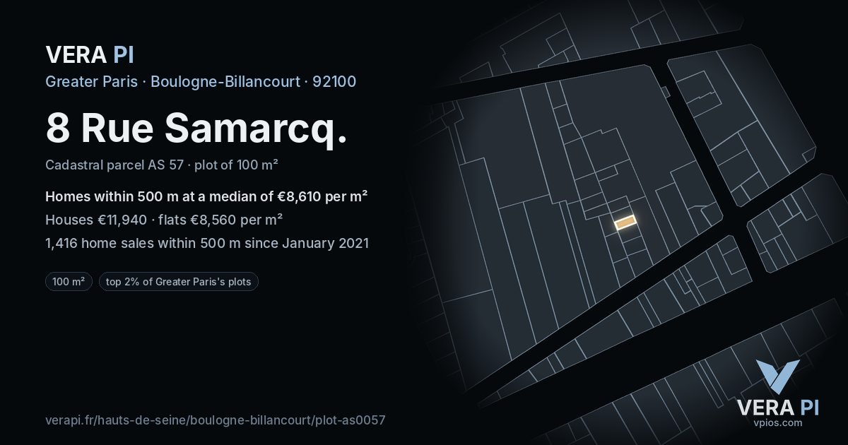 8 Rue Samarcq, Boulogne-Billancourt at night – the plot lit, the parcels around coloured by the prices near them