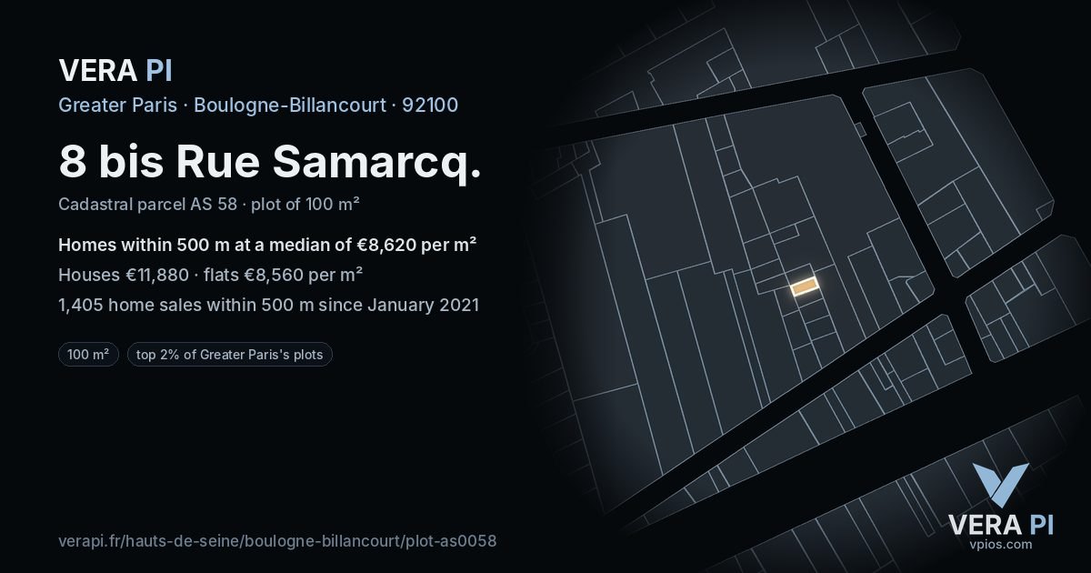 8 bis Rue Samarcq, Boulogne-Billancourt at night – the plot lit, the parcels around coloured by the prices near them