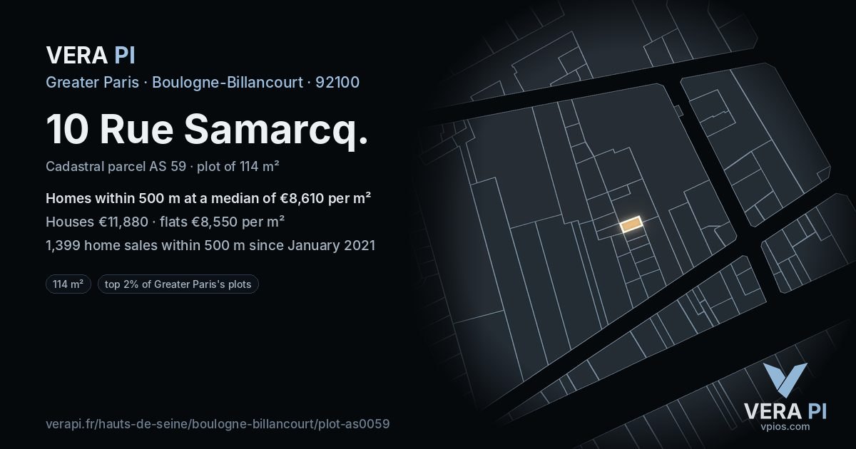 10 Rue Samarcq, Boulogne-Billancourt at night – the plot lit, the parcels around coloured by the prices near them
