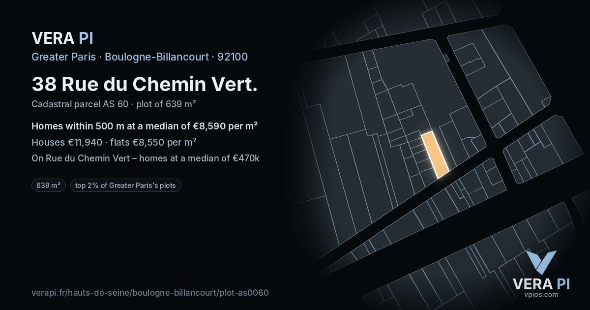 38 Rue du Chemin Vert, Boulogne-Billancourt at night – the plot lit, the parcels around coloured by the prices near them
